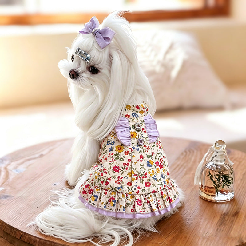 Halter Vintage Floral Cotton Puppy Dress with Lilac Gem Bow for Small Girl Dogs