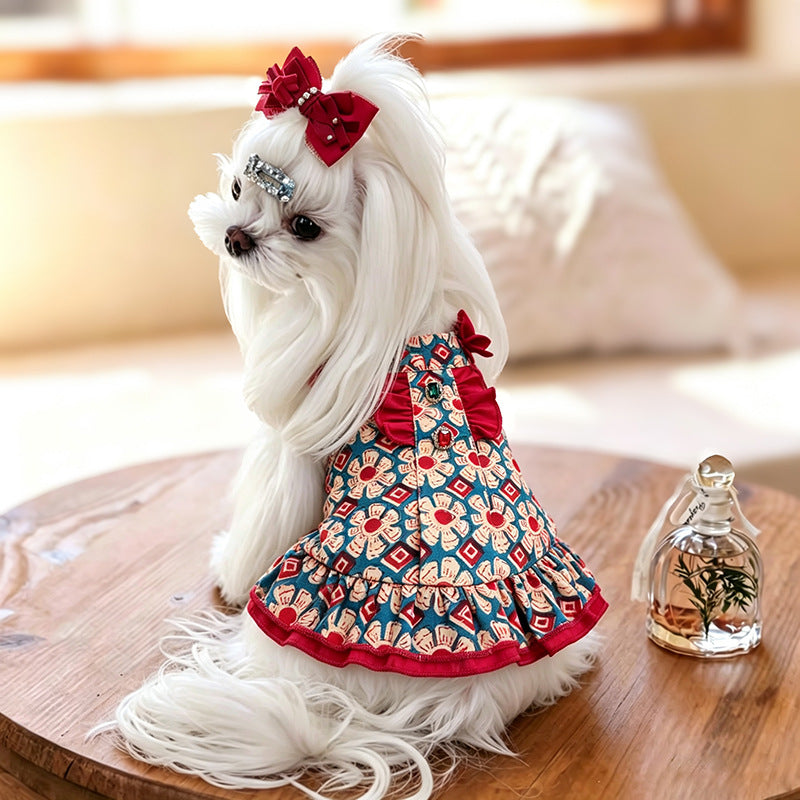 Vintage Floral Cotton Dog Dress with Red Ruffle Trim Bow & Jewel Accents Bohemian Princess Outfit for Small Dogs