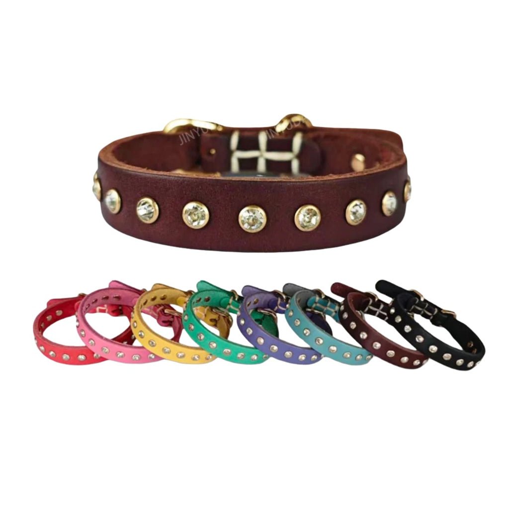 Genuine Leather Dog Collar with  Rhinestone Adjustable Soft Leather Pet Collar Durable no-pull Walking Collar for Small Dogs & Cats