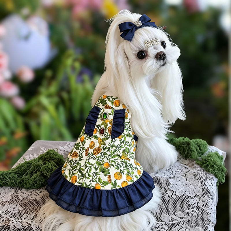 Cotton Dog Dress with Navy Ruffle Trim Bow & Jewel Accents Elegant Birthday Party Outfit for Small Breeds