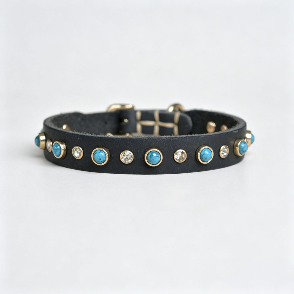 Genuine Leather Dog Collar Inlaid Turquoise & Rhinestones Handmade Soft full grain leather Collar for Small medium dogs