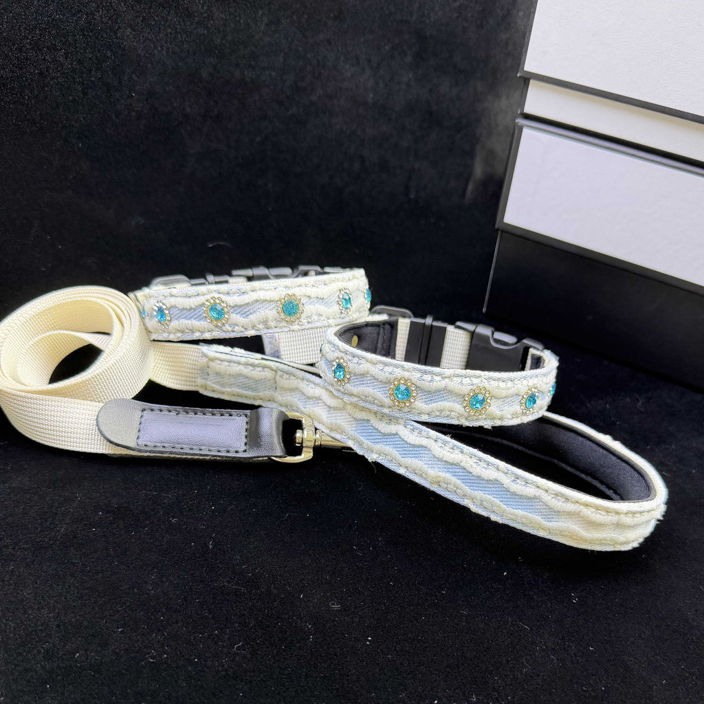 Soft Lace Embroidered Pet Collar with Rhinestone adjustable soft Dog Collar Heavy‑Duty Dog walking Collar