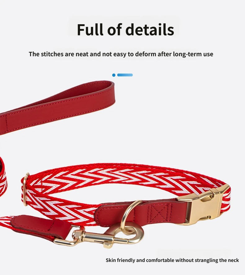 striped Webbing Dog Collar and Leash Set PU Leather Trim Adjustable Pet Collar Jacquard Woven Boho Dog Collar