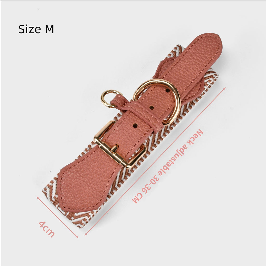 4cm Wide striped Webbing Dog Collar and Leash Set Genuine Leather Trim Adjustable Pet Collar Jacquard Woven Boho Dog Collar