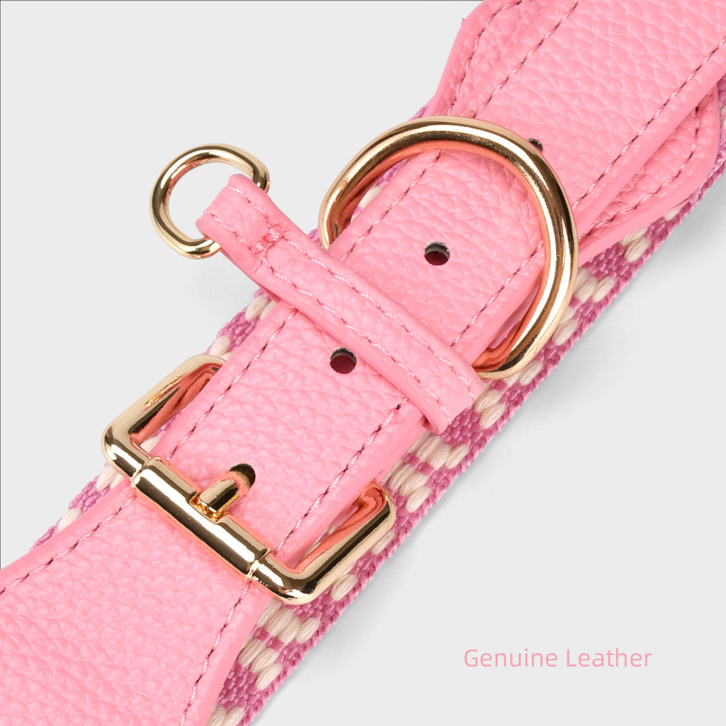 4cm Wide striped Webbing Dog Collar and Leash Set Genuine Leather Trim Adjustable Pet Collar Jacquard Woven Boho Dog Collar