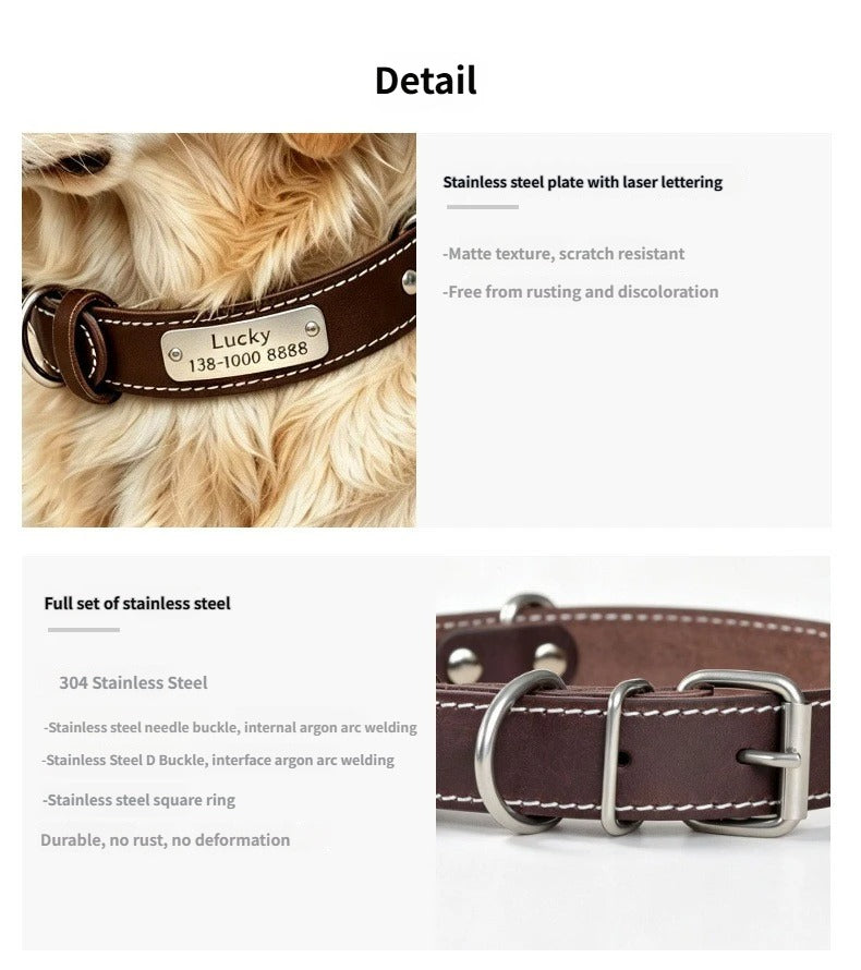 Genuine Leather Dog Collar with Custom Stainless Steel Name Plate Adjustable Heavy Duty Anti‑Pull Pet Collar for Daily Walking