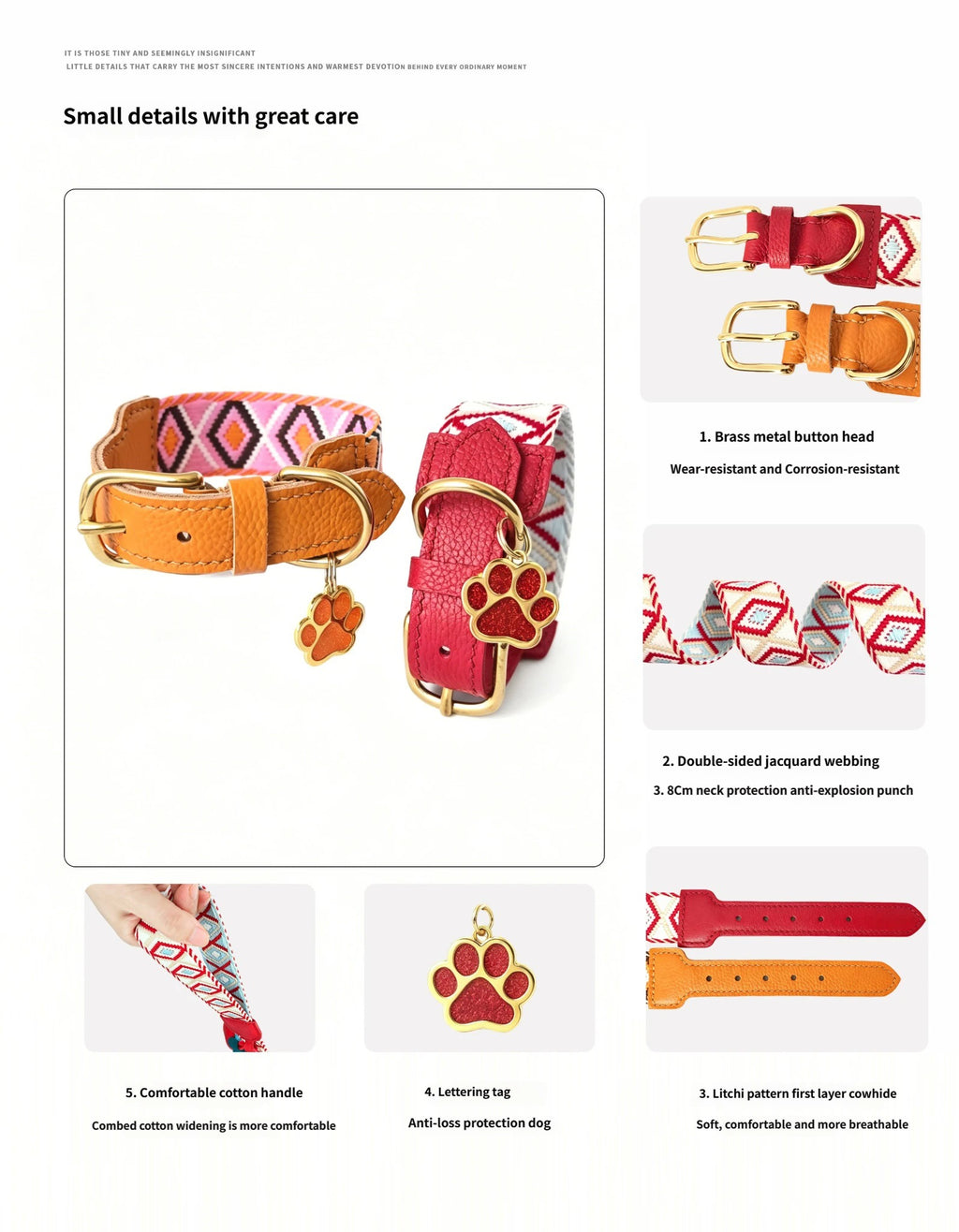 genuine Leather with 3.8cm wide webbing Dog Collar and Leash Geometric Woven Adjustable Pet Collar dog Walking Collar Leash