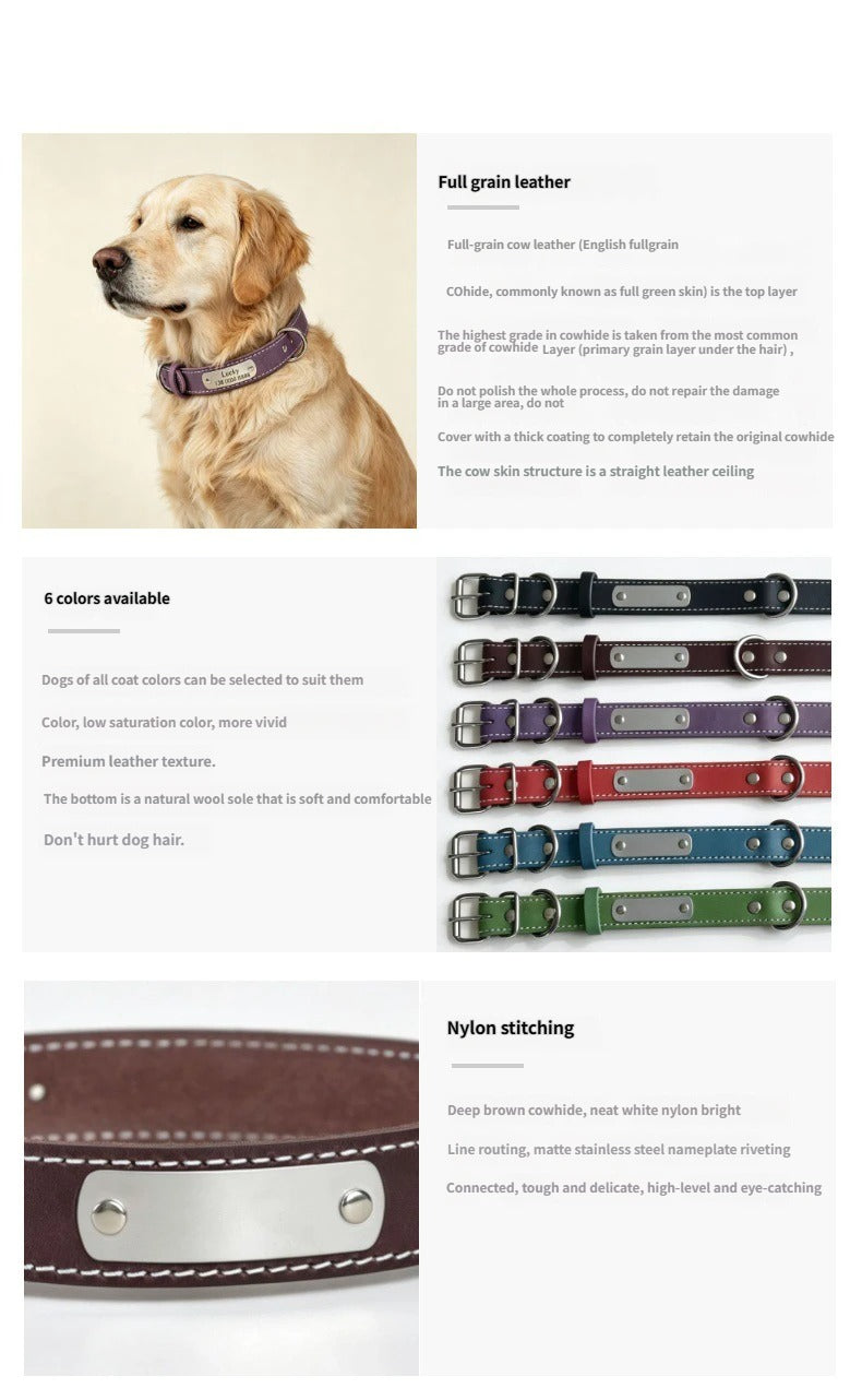 Genuine Leather Dog Collar with Custom Stainless Steel Name Plate Adjustable Heavy Duty Anti‑Pull Pet Collar for Daily Walking