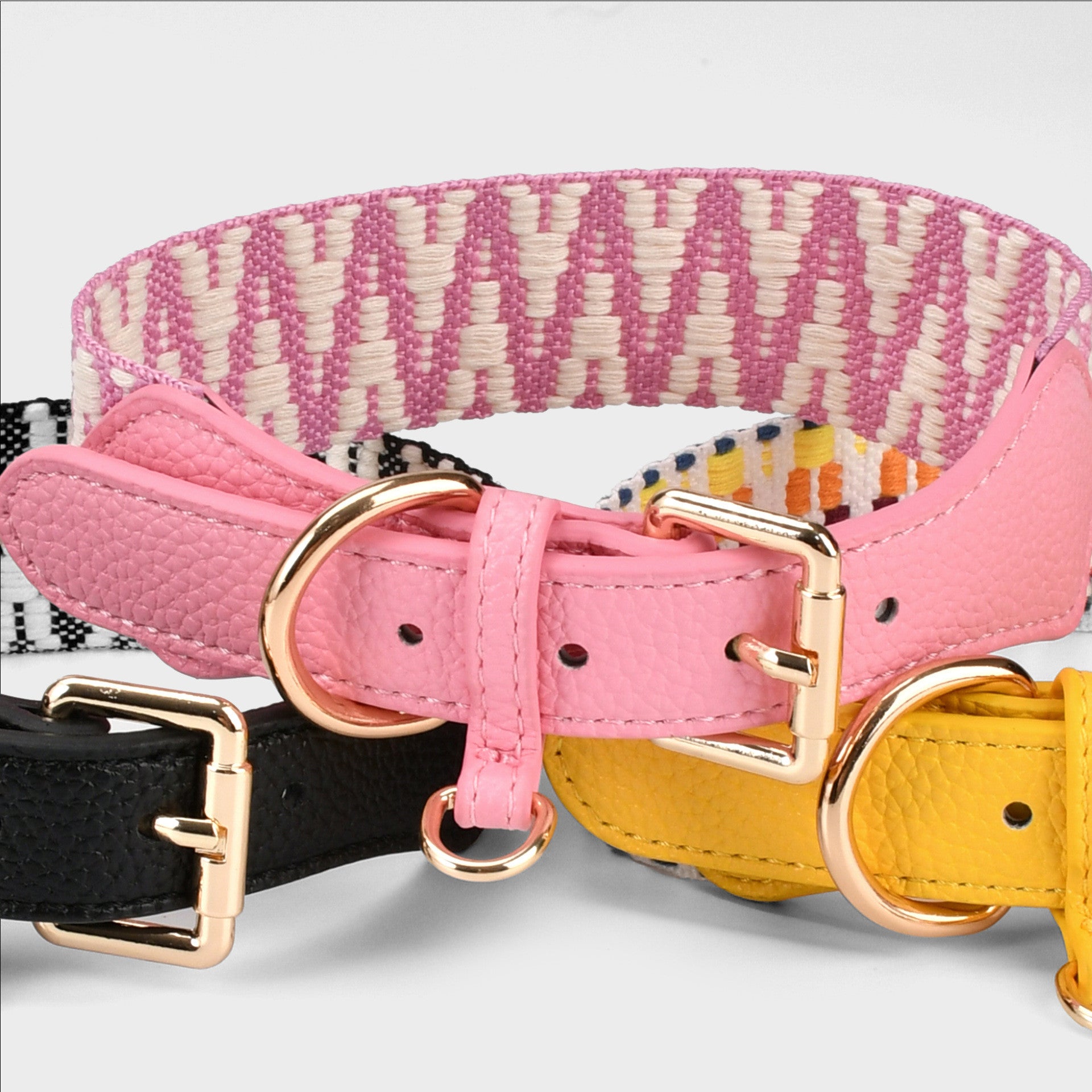 4cm Wide striped Webbing Dog Collar and Leash Set Genuine Leather Trim Adjustable Pet Collar Jacquard Woven Boho Dog Collar
