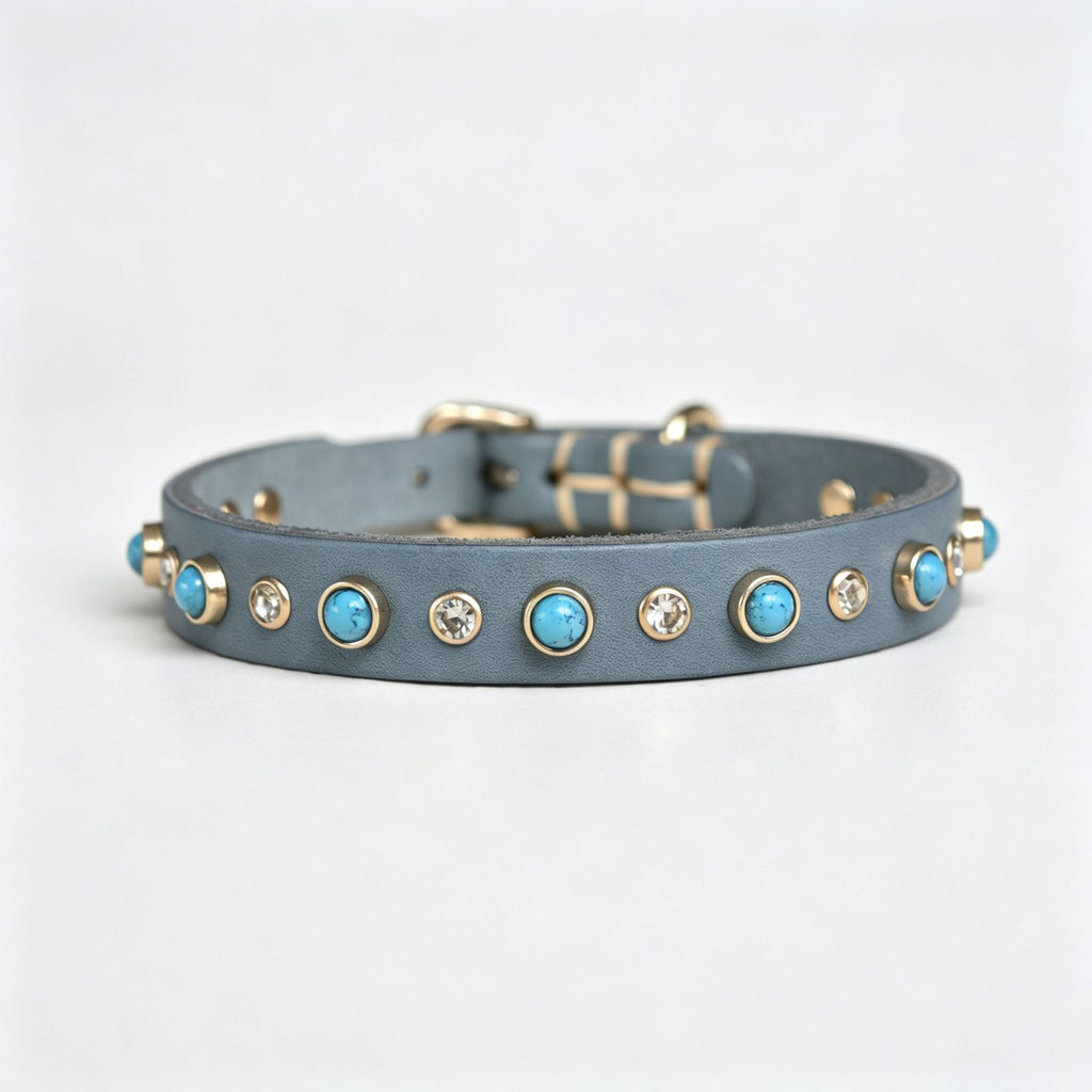 Genuine Leather Dog Collar Inlaid Turquoise & Rhinestones Handmade Soft full grain leather Collar for Small medium dogs