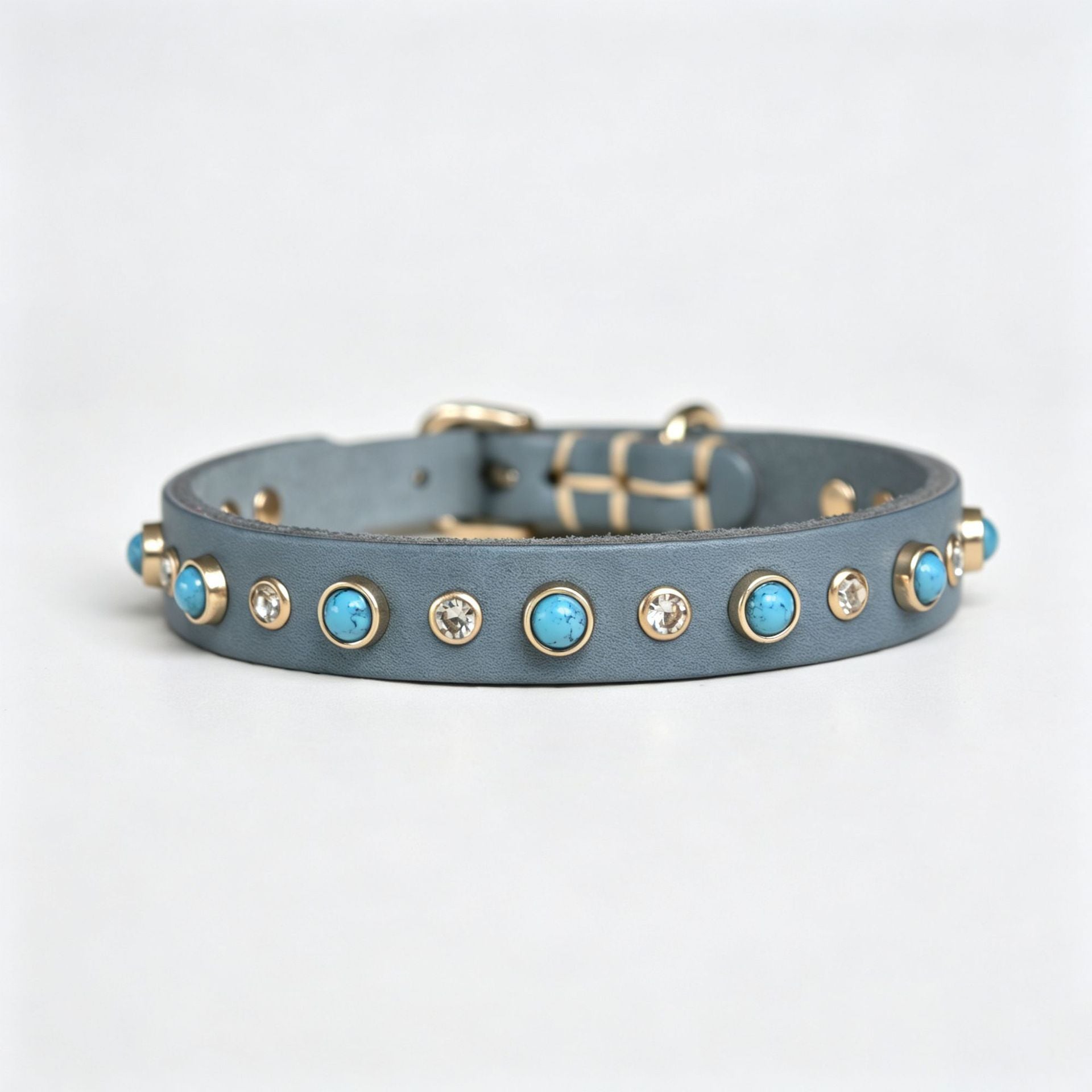 Genuine Leather Dog Collar Inlaid Turquoise & Rhinestones Handmade Soft full grain leather Collar for Small medium dogs