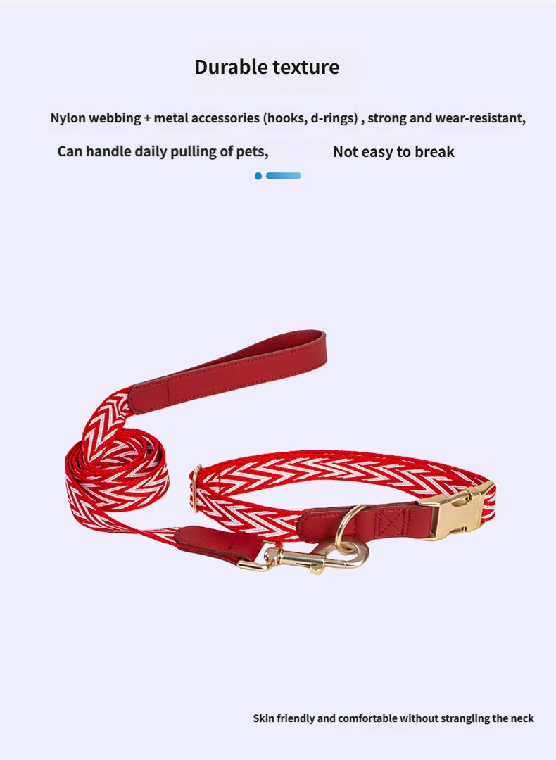 striped Webbing Dog Collar and Leash Set PU Leather Trim Adjustable Pet Collar Jacquard Woven Boho Dog Collar