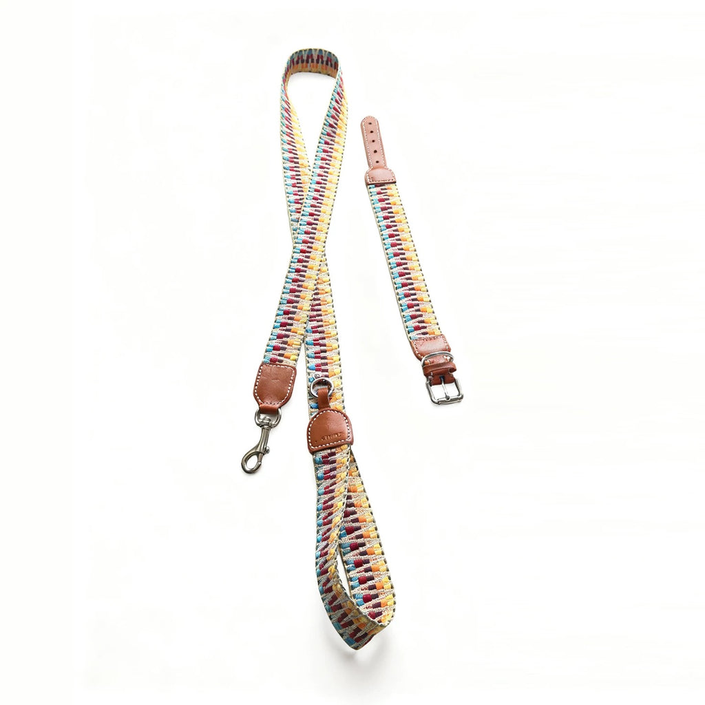 Bohemian Hand Woven Dog Collar 3.8CM Wide Genuine Leather dog collar Soft Cotton Webbing Heavy Duty Pet Walking Leash For Small Medium Large Dogs