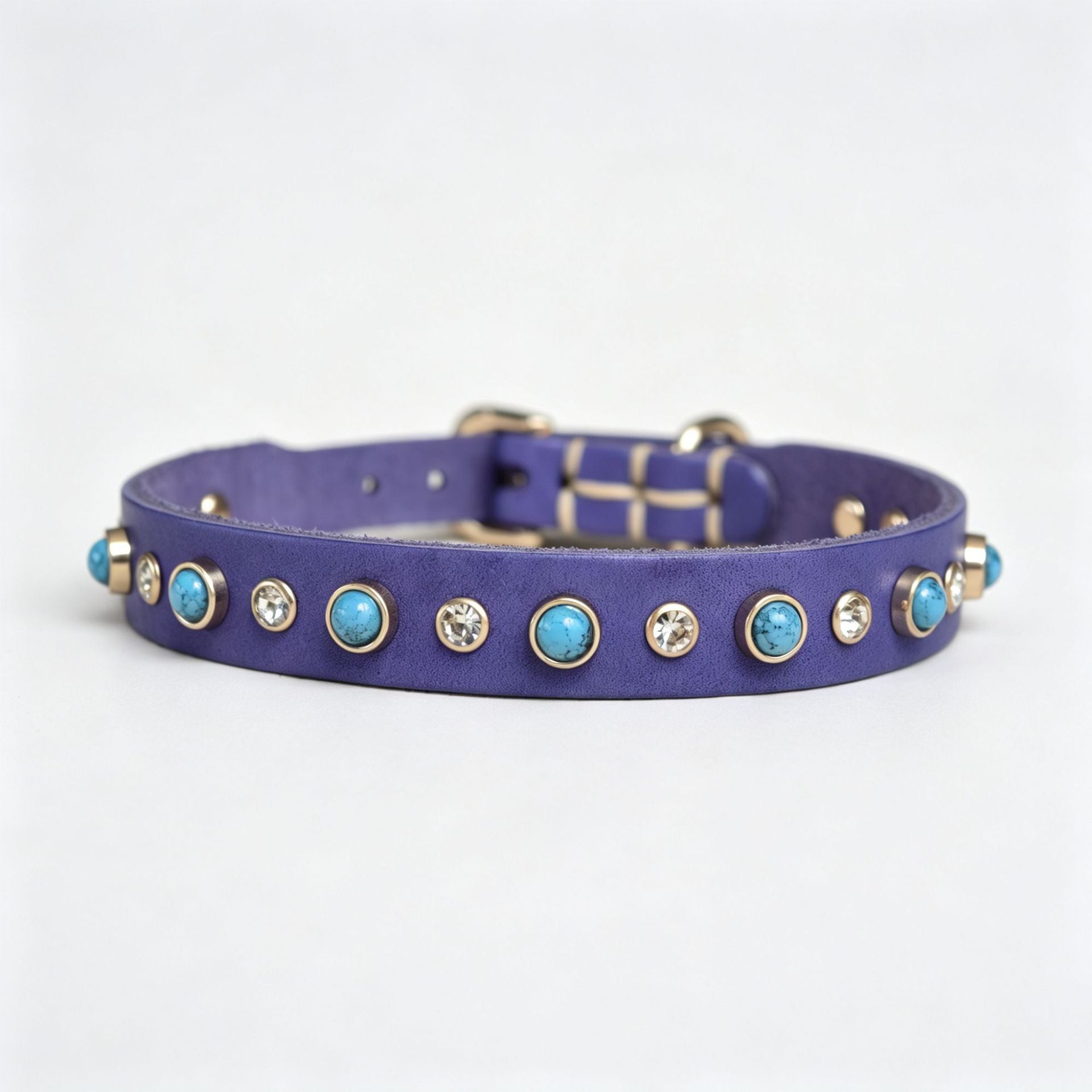 Genuine Leather Dog Collar Inlaid Turquoise & Rhinestones Handmade Soft full grain leather Collar for Small medium dogs