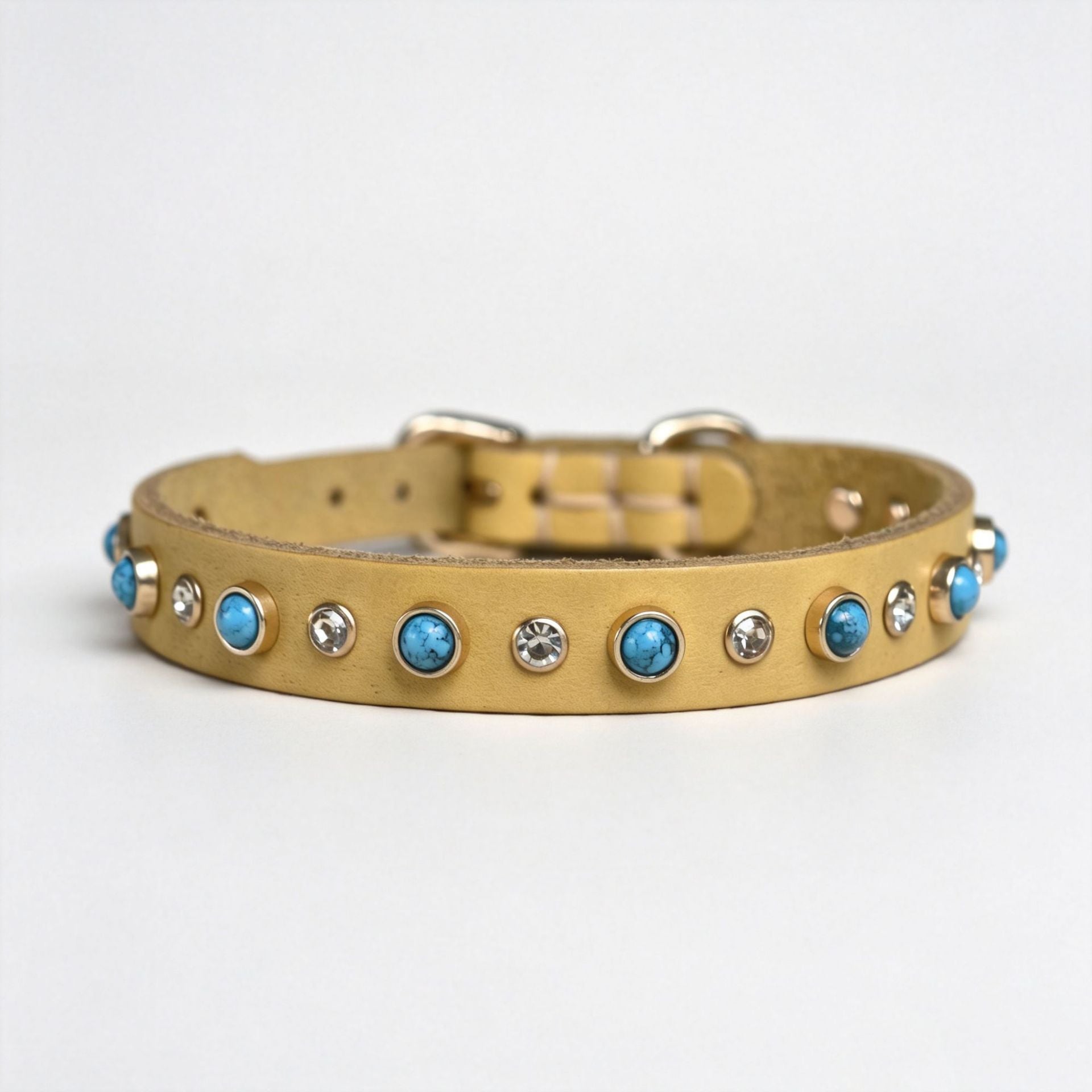 Genuine Leather Dog Collar Inlaid Turquoise & Rhinestones Handmade Soft full grain leather Collar for Small medium dogs