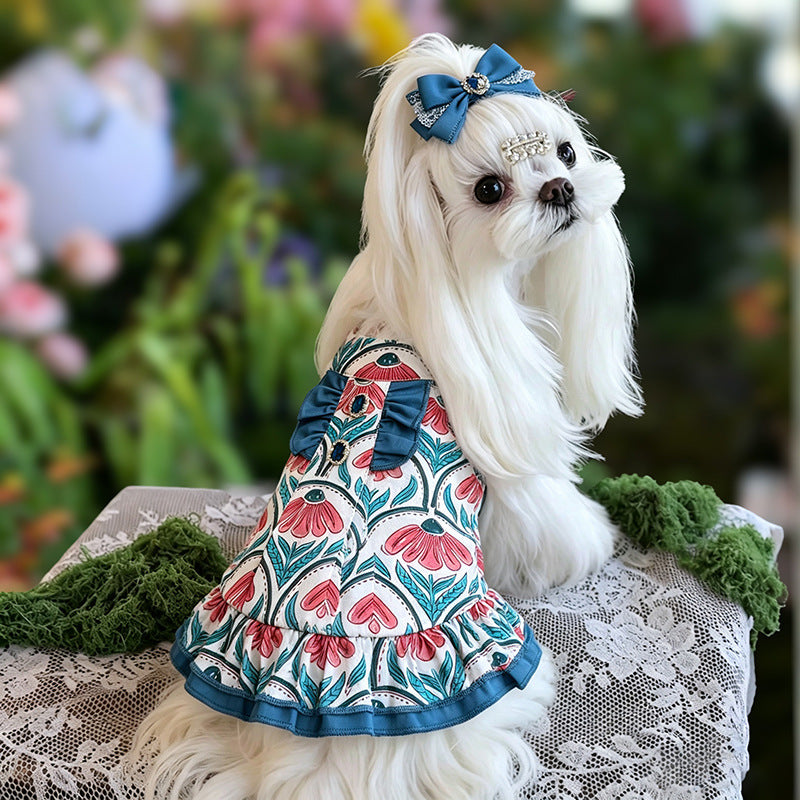 Bohemian Floral Cotton Dog Dress with Teal Ruffle Bow & Sparkling Rhinestone Accents  Lightweight Princess Outfit for Small Breeds