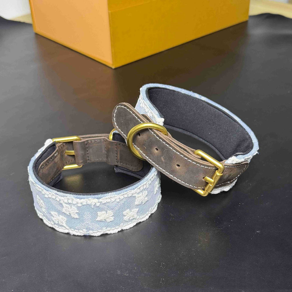 3.8cm Wide Soft Lace Embroidered Pet Collar Full‑Grain Genuine Leather Dog Collar adjustable Heavy‑Duty Dog walking Collar
