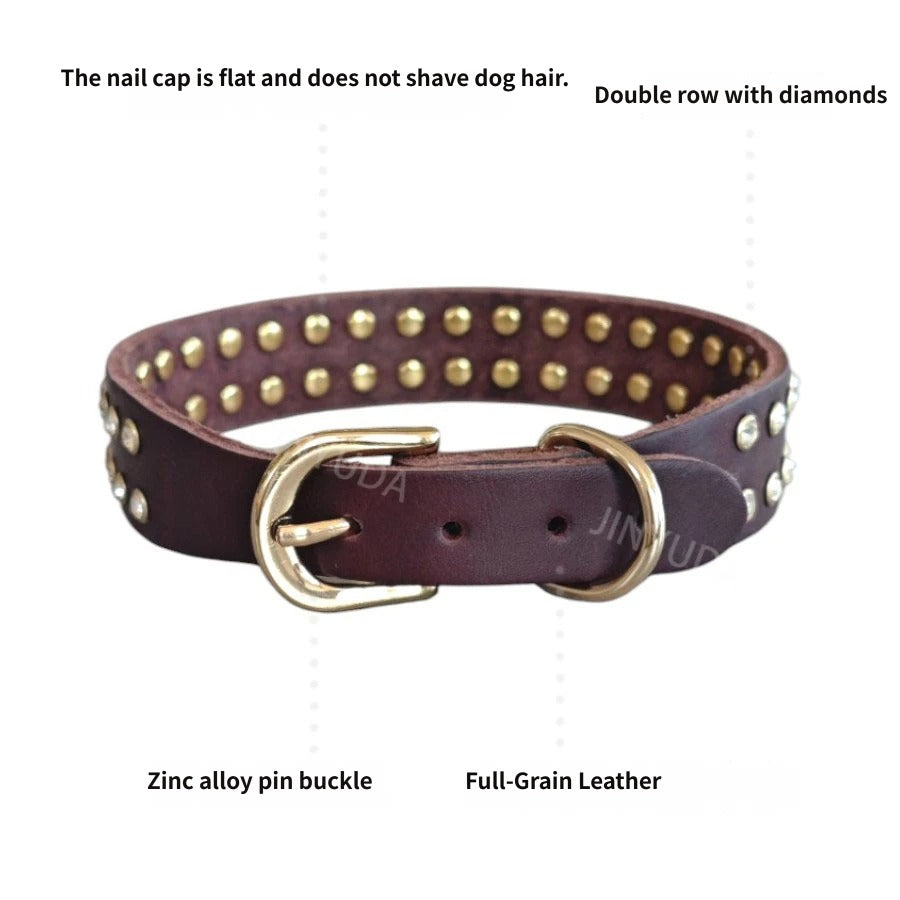 genuine Leather Rhinestone Dog Collar Double Row Crystal Studded Adjustable Bling Pet Collar for Small Medium Large Dogs