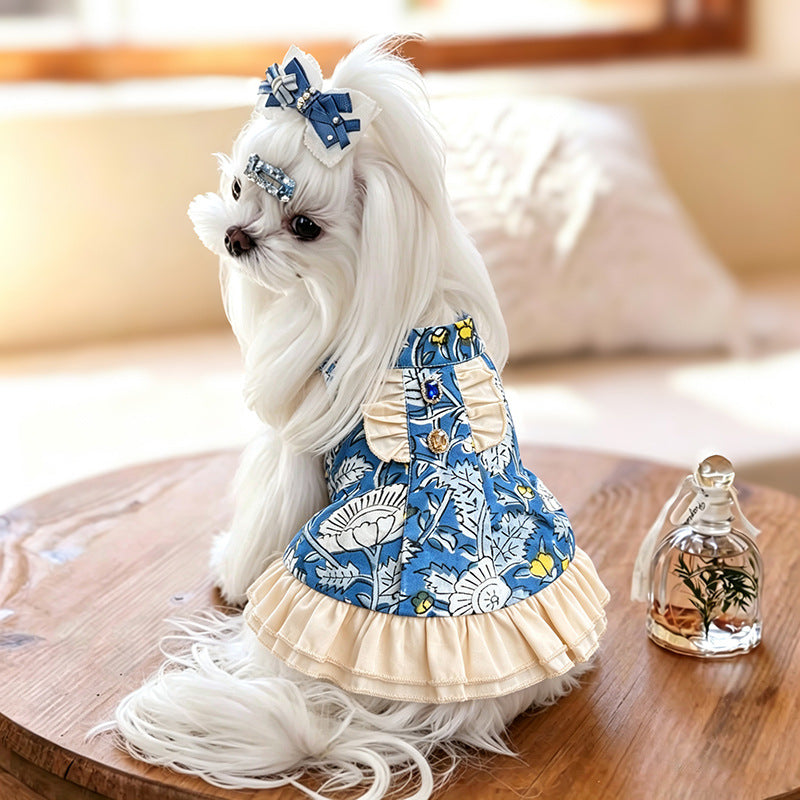 Cotton Dog Princess Dress with Ruffle Hem Bow & Jewel Accents  Elegant Outfit for Small Breeds Perfect for Birthdays & Weddings