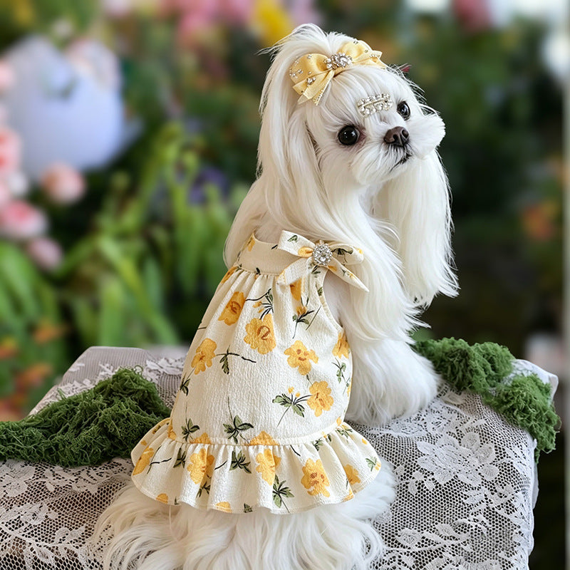 Cotton Yellow Floral Sling Dog Dress with Bow & Rhinestone ruffle Princess Outfit for Maltese Yorkie Shih Tzu Bichon  Birthday Wedding Party Pet Costume