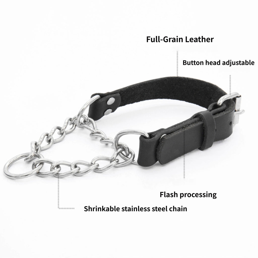 Genuine Full Grain Leather Martingale Dog Collar Adjustable Stainless Steel Chain No Pull Training Collar for Medium Large Dogs
