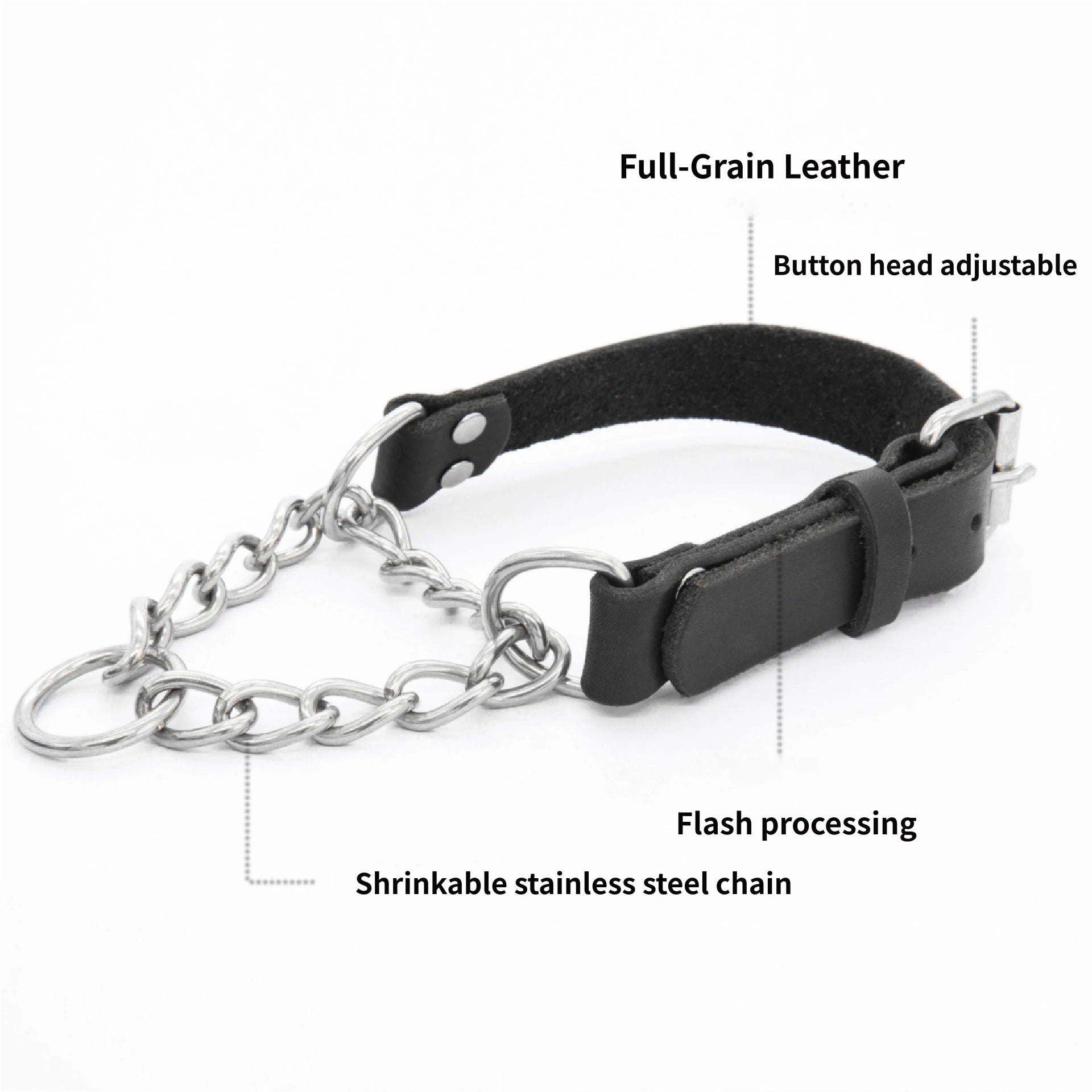 Genuine Full Grain Leather Martingale Dog Collar Adjustable Stainless Steel Chain No Pull Training Collar for Medium Large Dogs