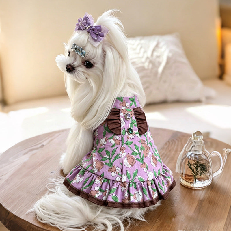 Halter Floral Cotton Puppy Party Dress with Gem Bow for Small Girl Dogs