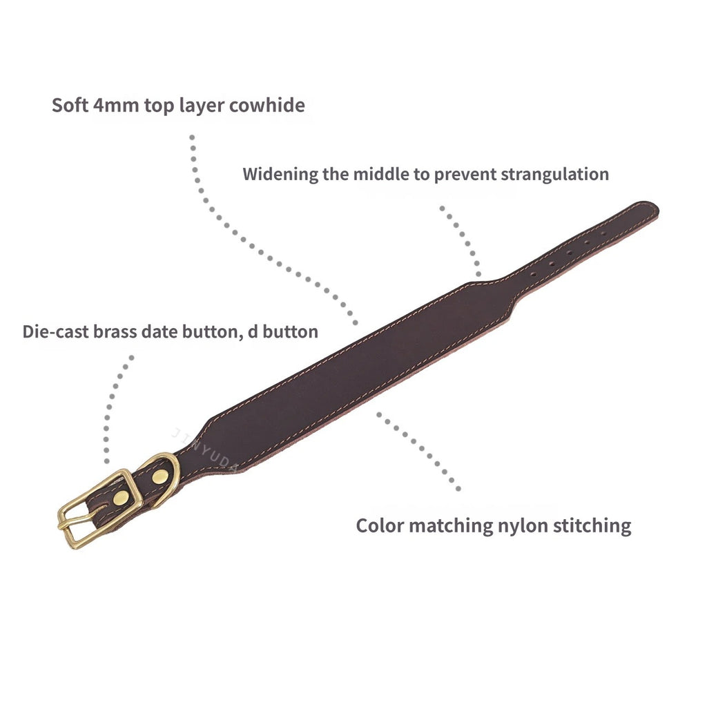 Genuine Top Layer Cowhide Wide Dog Collar, Adjustable Soft Leather Martingale Collar for Medium Large Long Neck Dogs Heavy Duty Anti-Pull Durable Pet Collar