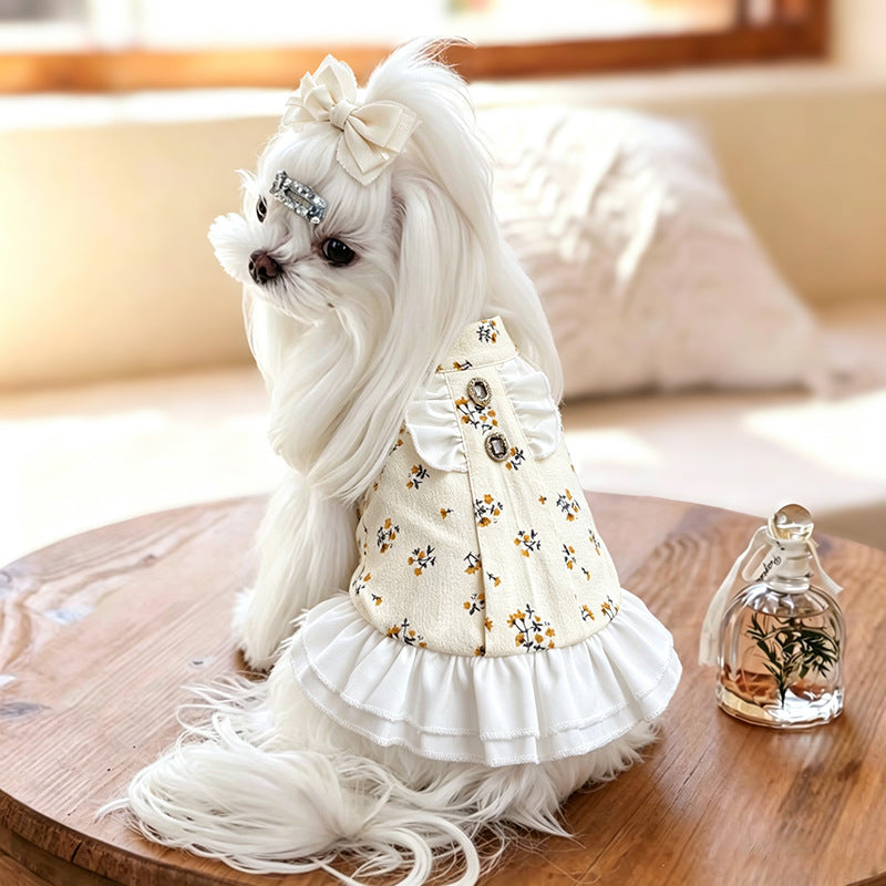 Cotton Floral Ruffle Dog Dress with Bow & Rhinestone Princess Outfit for Dog Birthday Party Wedding for Small Breeds Maltese Yorkie
