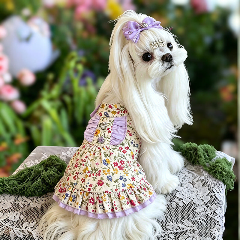 Halter Vintage Floral Cotton Puppy Dress with Lilac Gem Bow for Small Girl Dogs