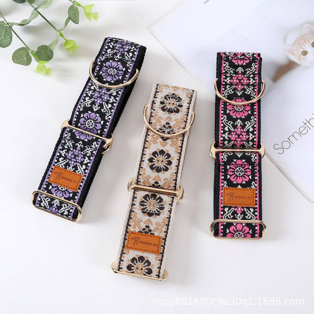5cm wide Ethnic Floral Woven Martingale Dog Collar Adjustable Anti-Pull soft Training Collar for Greyhound Whippet