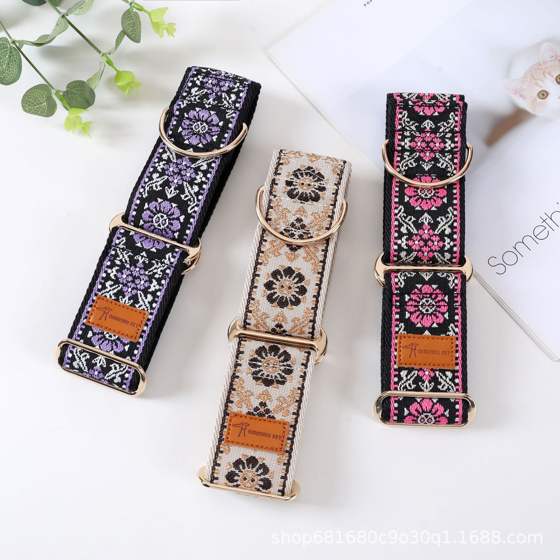 5cm wide Ethnic Floral Woven Martingale Dog Collar Adjustable Anti-Pull soft Training Collar for Greyhound Whippet