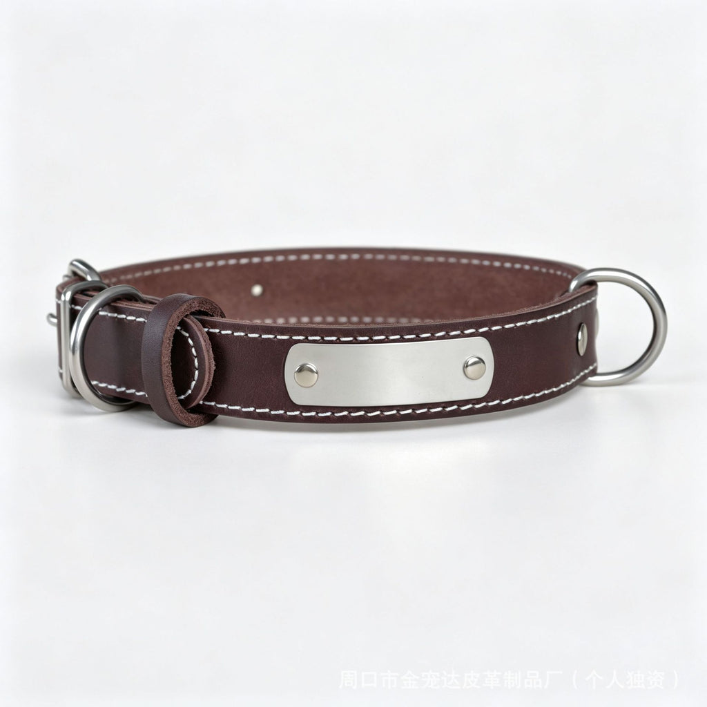 Genuine Leather Dog Collar with Custom Stainless Steel Name Plate Adjustable Heavy Duty Anti‑Pull Pet Collar for Daily Walking