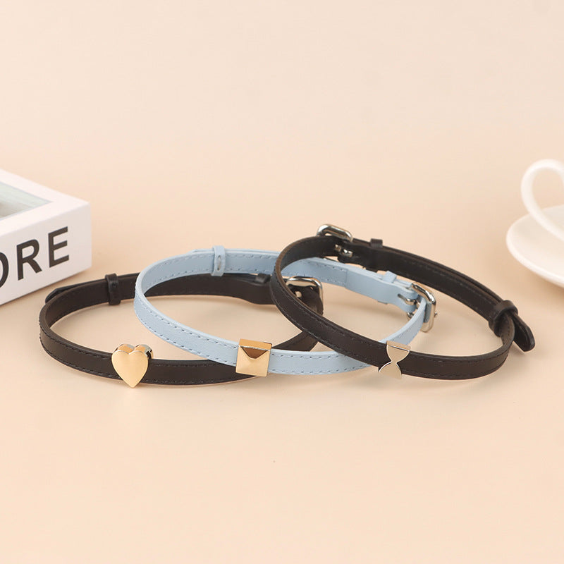 Genuine Leather Cat Collar Adjustable Soft Cow Leather Kitten Collar with Cute Metal Charms Comfortable Pet Collar for Small Cats Kittens Daily Walking
