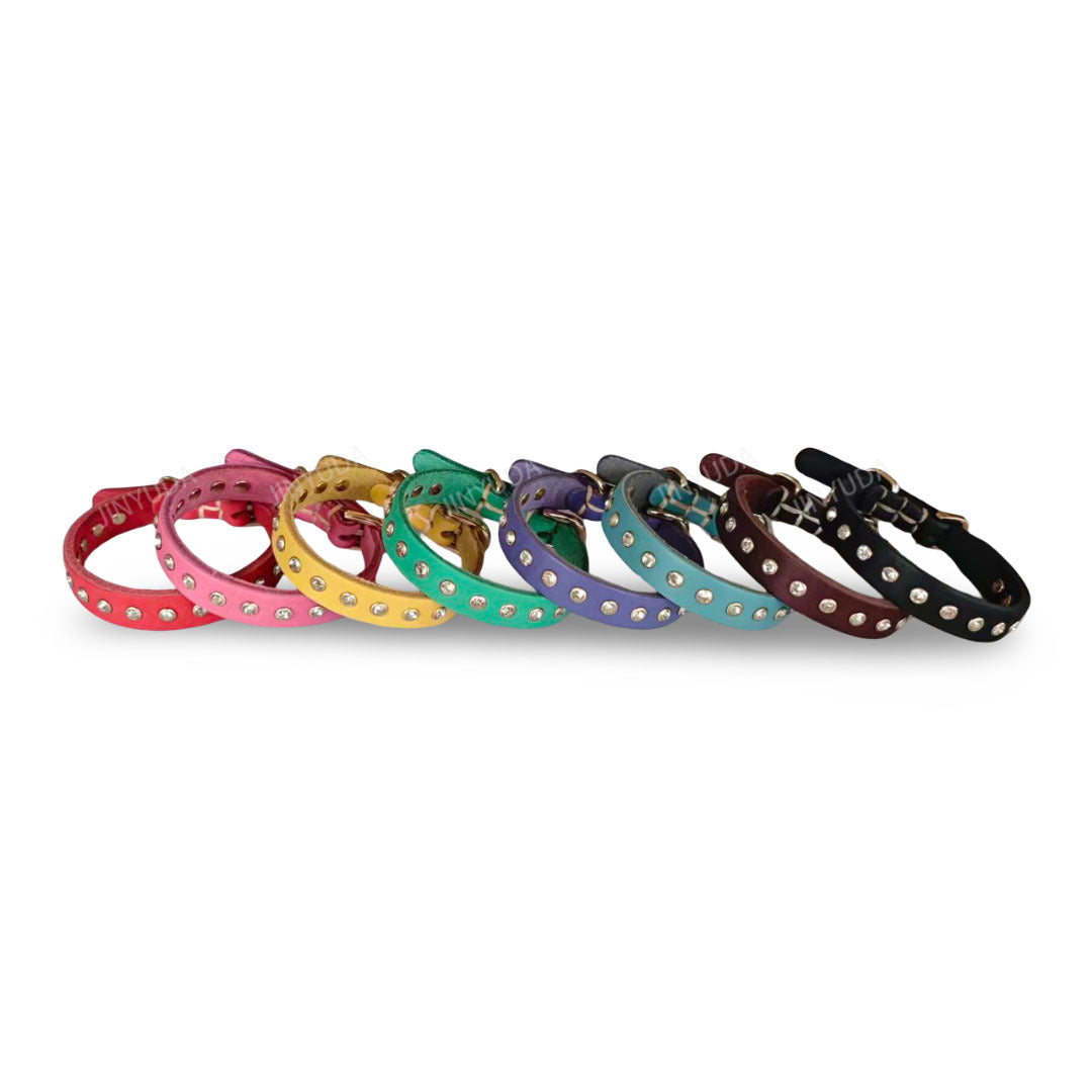 Genuine Leather Dog Collar with  Rhinestone Adjustable Soft Leather Pet Collar Durable no-pull Walking Collar for Small Dogs & Cats