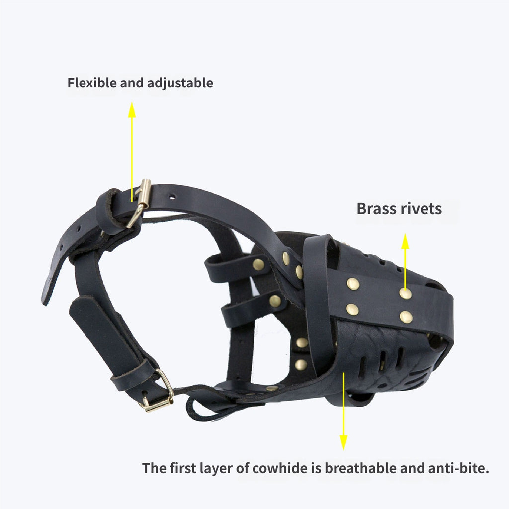 Genuine Top Layer Cowhide Dog Muzzle Adjustable Breathable Anti Bite Leather Pet Muzzle for Medium Large Dogs Prevents Barking Chewing