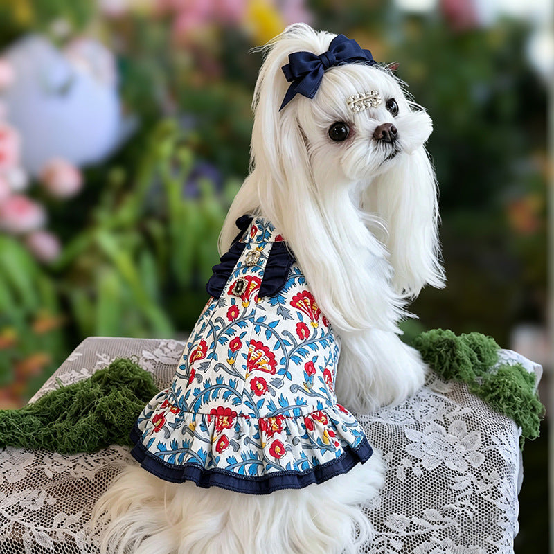Bohemian Floral Cotton Dog Dress with Navy Ruffle Bow & Sparkling Rhinestone Accents Lightweight Princess Outfit for Small Breeds