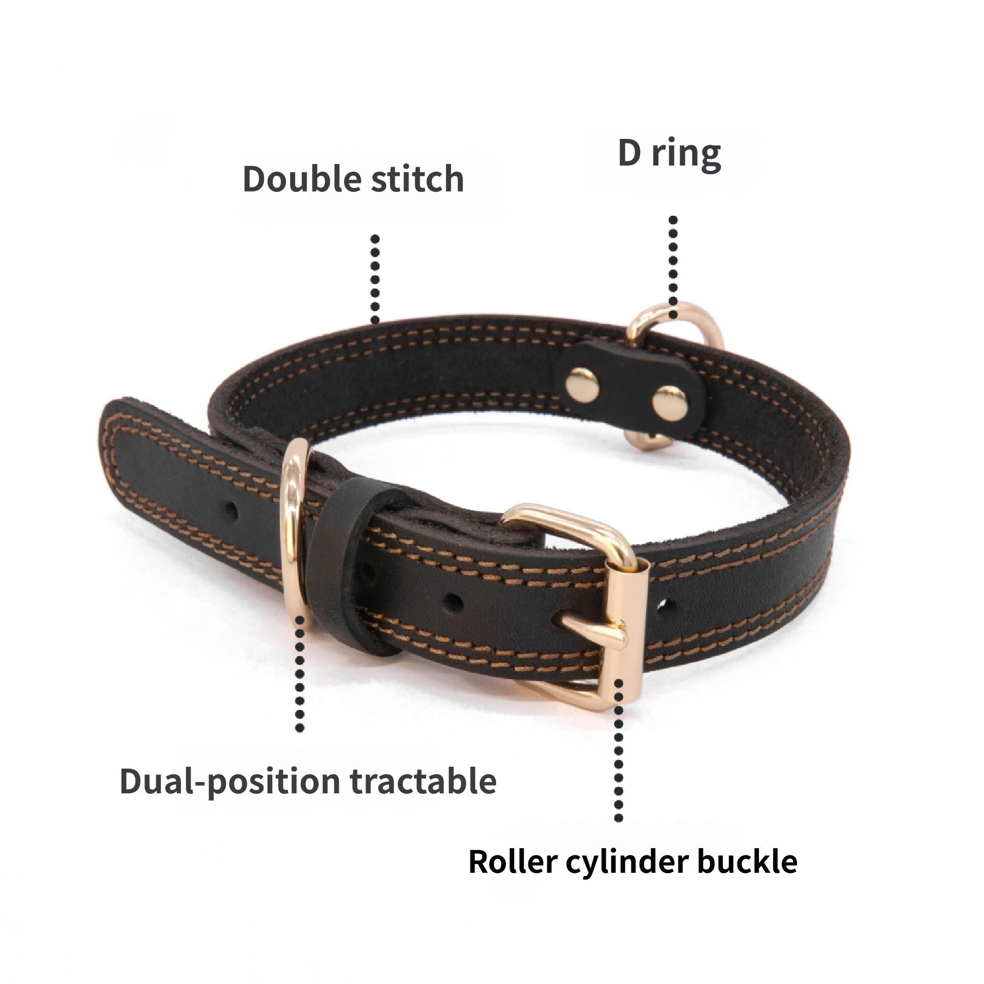 Genuine Leather Dog Collar Double Stitched Adjustable Heavy Duty Pet Collar with Metal D Ring no-pull for Small Medium Large Dogs