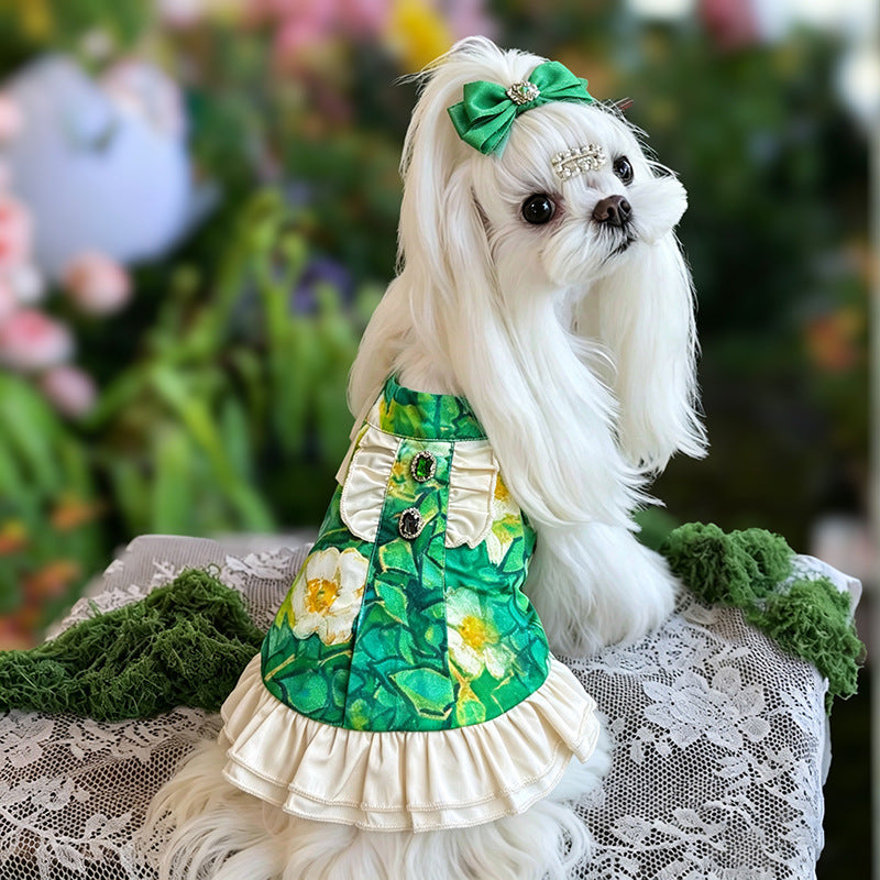 Cotton Green Floral Dog Ruffle Dress with Bow & Emerald Rhinestone Princess Outfit for Maltese Yorkie Shih Tzu Bichon Birthday Wedding Party Wear