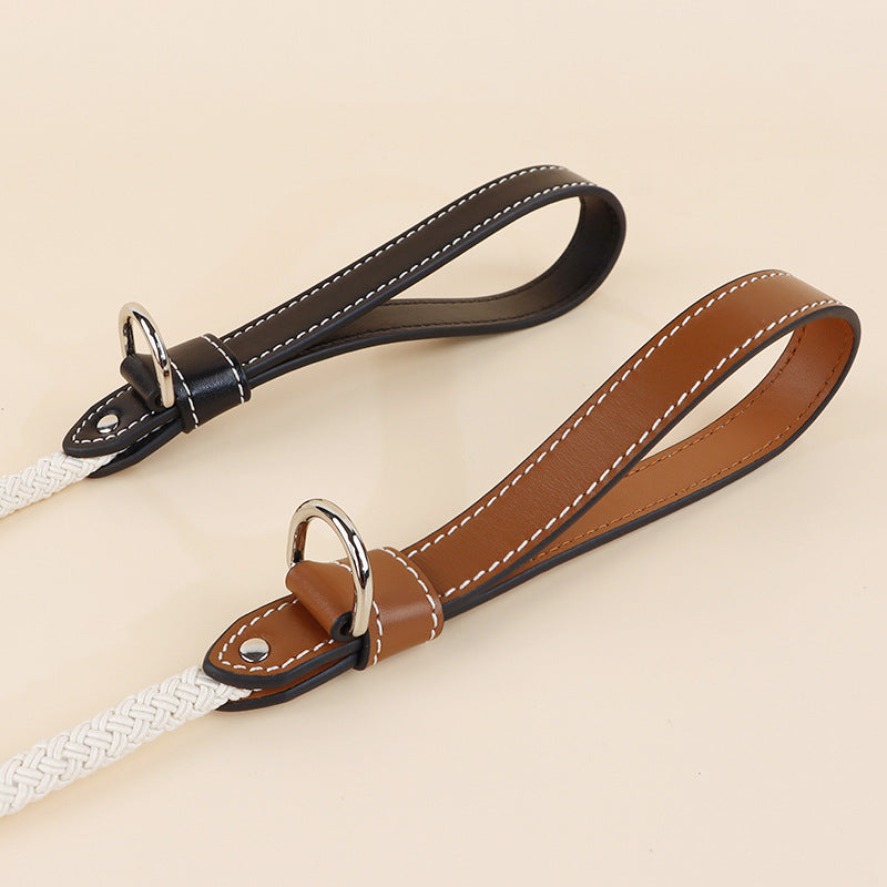 Braided Cotton Rope Dog Leash with Genuine Leather Handle Heavy Duty Anti-Pull Walking Lead Soft Comfortable Pet Training Leash