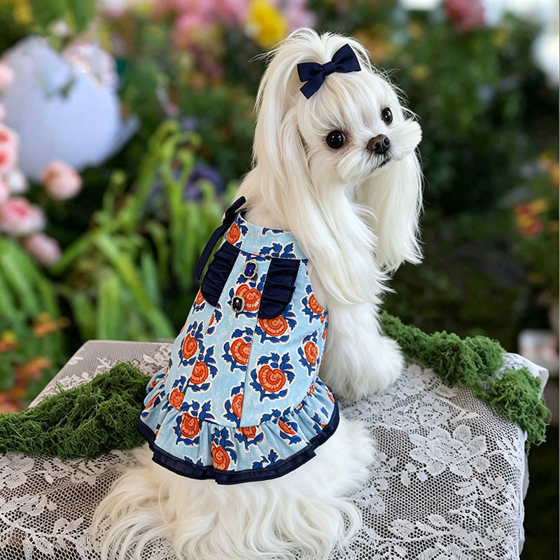 Floral Cotton Dog Dress Ruffle Rhinestone Bow Puppy Clothes Cute Summer Party Outfit for Small Medium Girl Dogs Teacup Chihuahua Yorkie