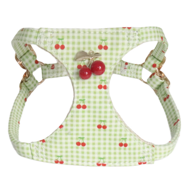 Cotton Dog Harness and Leash Set Plaid Cherry Pattern Lightweight pet vest harness Soft walking harness for small medium dogs
