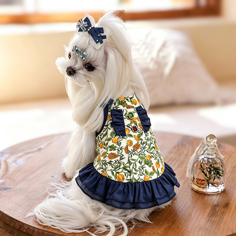 Cotton Dog Dress with Navy Ruffle Trim Bow & Jewel Accents Elegant Birthday Party Outfit for Small Breeds