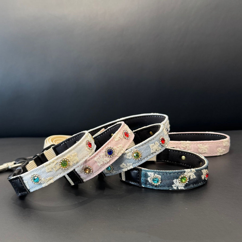 soft pet Lace collar with Colorful Rhinestones cotton Jacquard Dog walking Collar adjustable lightweight pet leads