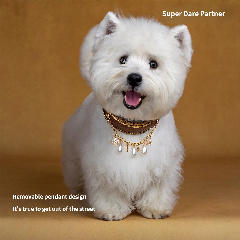 Wide Padded Leopard Dog Collar with detachable pearl necklace