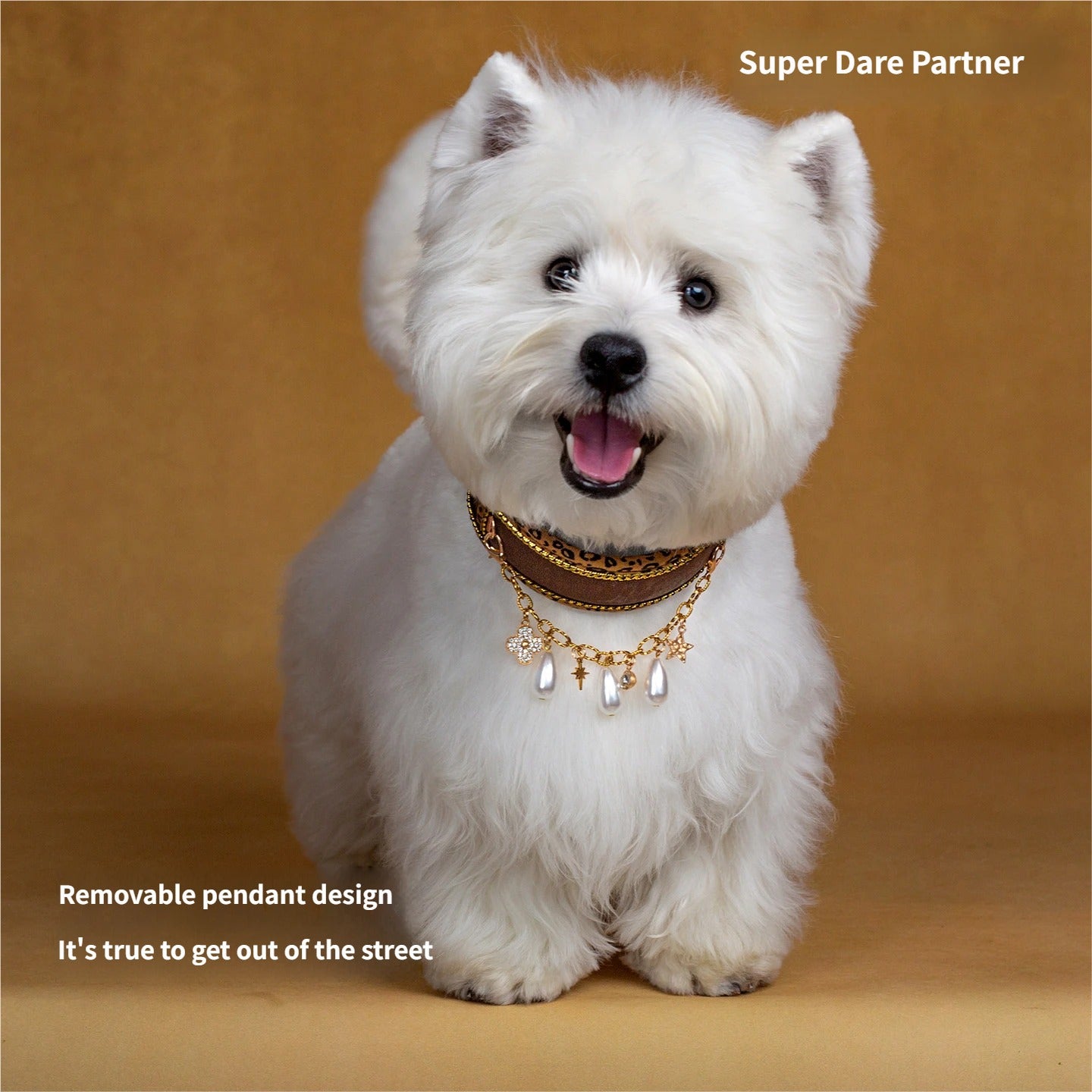 Wide Padded Leopard Dog Collar with detachable pearl necklace