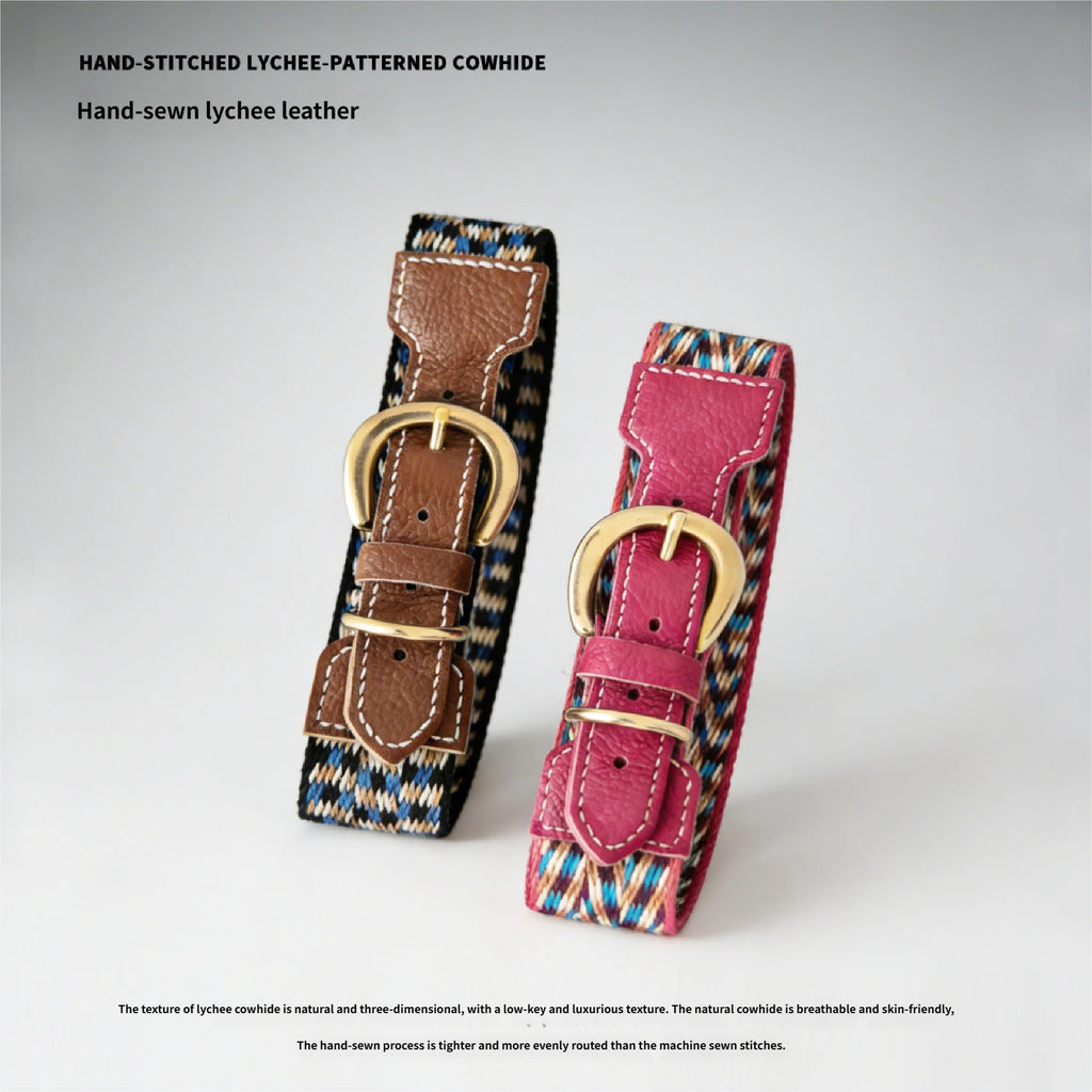3.8cm Wide Genuine Leather webbing Dog Collar Bohemian Braided Woven Dog Collar and leash Adjustable Soft Leather Pet Collar