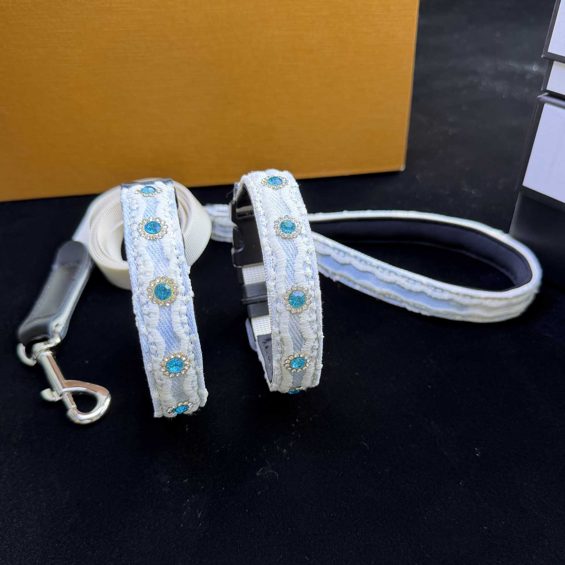 Soft Lace Embroidered Pet Collar with Rhinestone adjustable soft Dog Collar Heavy‑Duty Dog walking Collar