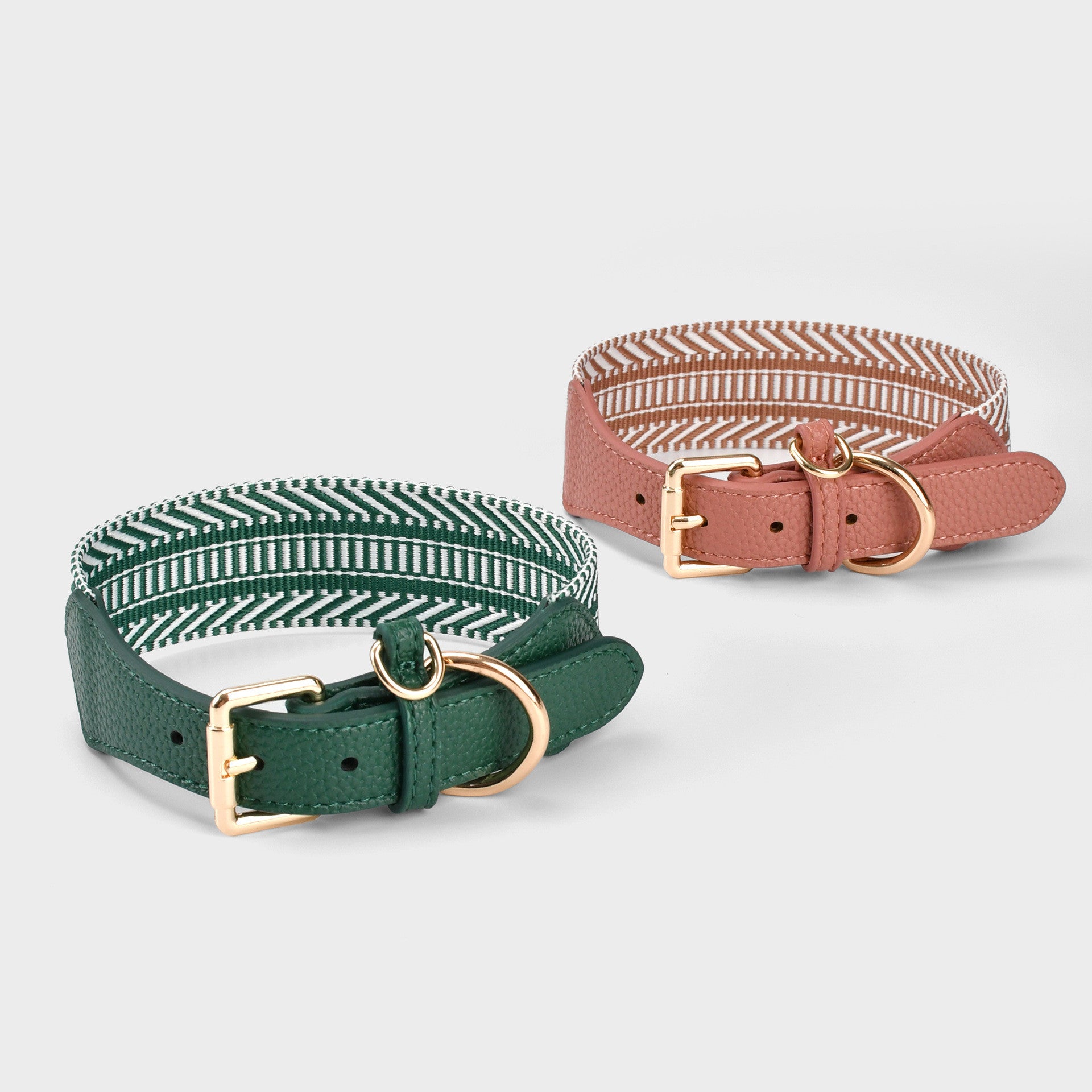 Wide striped Webbing Dog Collar and Leash Set Genuine Leather Trim Adjustable Pet Collar Jacquard Woven Boho Dog Collar