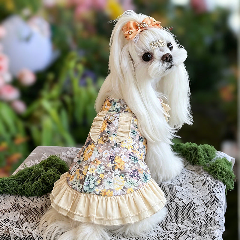Cotton Vintage Floral Ruffle Dog Dress with Bow & Rhinestone Princess Party Wedding Outfit for Maltese Yorkie Shih Tzu Bichon